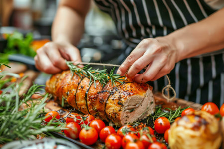 Close up of Chef Garnishing Roasted Pork Loin with Fresh Rosemary Beside Cherry Tomatoes and Pastry AI Generativeの素材
