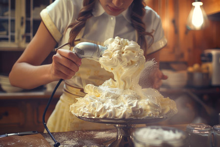 Young Female Pastry Chef Decorating a Luxurious Cake with Whipped Cream in a Rustic Kitchen Setting AI Generativeの素材