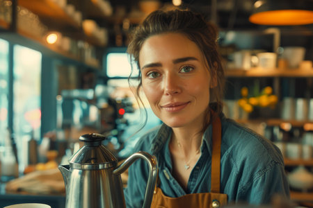 Smiling Female Barista Wearing Apron Holding a Metal Coffee Pot in a Cozy, Rustic Cafe Setting with Warm Lighting AI Generativeの素材
