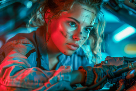 Intense Female Mechanic Troubleshooting Issues in a Futuristic Vehicle Under Neon Lights AI Generativeの素材