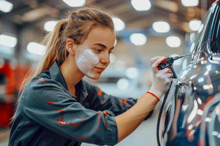 Professional Female Mechanic Polishing Car with Orbital Buffer in Auto Workshop AI Generativeの素材