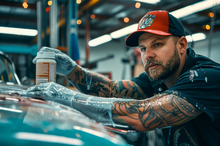 Professional Tattooed Mechanic in Cap Polishing Classic Car at Garage Workshop AI Generativeの素材