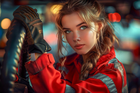 Stylish Young Woman Posing in Urban Setting with Leather Gloves and Chic Racing Jacket AI Generativeの素材