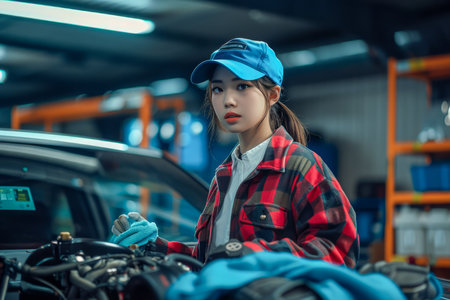 Confident Female Mechanic Repairing Engine in Auto Workshop AI Generativeの素材