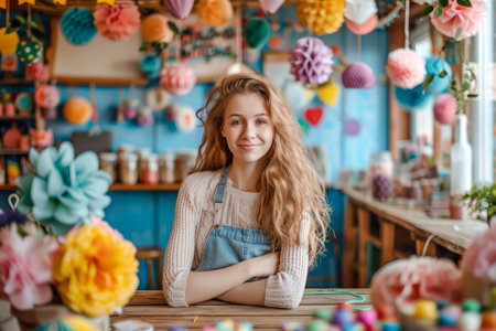 Smiling Young Entrepreneur Woman in Apron at Colorful Craft Workshop Decorated with Paper Flowers AI Generativeの素材