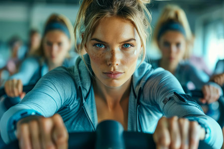 Determined Young Female Athlete Engaging in Intense Indoor Cycling Workout at Fitness Studio with Focus and Motivation AI Generativeの素材