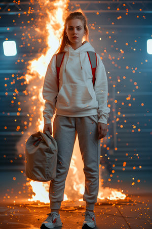 Young Woman in Casual Outfit Standing Confidently in Front of Fiery Background at Night, Urban Style AI Generativeの素材