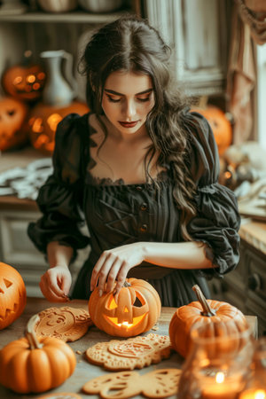 Enchanting Woman Carving Pumpkins in Rustic Kitchen Setting for Halloween Celebration, Elegantly Dressed, Vintage Halloween Decor AI Generativeの素材