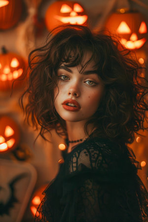 Enigmatic Young Woman in Halloween Costume with Festive Pumpkin Lights Background AI Generativeの素材