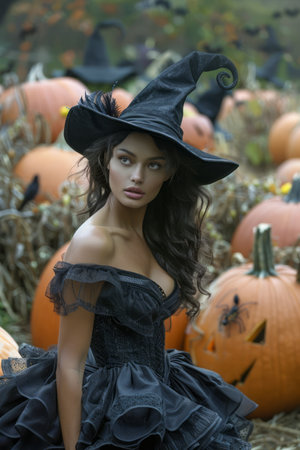 Enchanting Young Witch Posing in Black Costume Surrounded by Pumpkins in a Moody Autumn Setting AI Generativeの素材