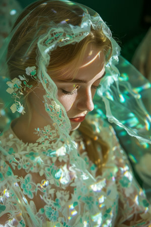 Elegant Bride in Lace Wedding Dress with Sunlight Streaming Through Veil, Romantic Bridal Portrait AI Generativeの素材
