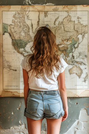 Young Woman Contemplating Geographic Map on Wall Discovery, Travel Planning, and World Exploration Concept AI Generativeの素材