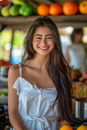 Radiant Young Woman Smiling Cheerfully in a Bright Fruit Market Setting Wearing Casual White Dress AI Generativeの素材