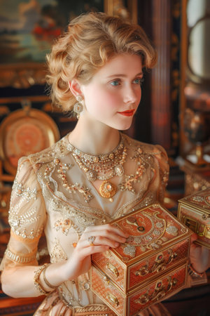 Elegant Vintage Lady in Luxurious Gold Dress Holding Antique Jewelry Box in Classic Interior AI Generativeの素材