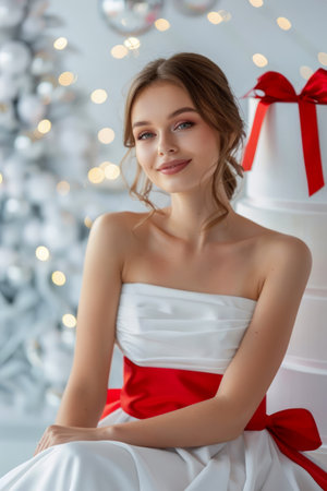 Elegant Young Woman in White Dress Sitting by Christmas Tree and Giant Gift Box AI Generativeの素材