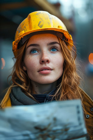 Confident Female Construction Worker with Hard Hat Reviewing Blueprint in Urban Setting AI Generativeの素材