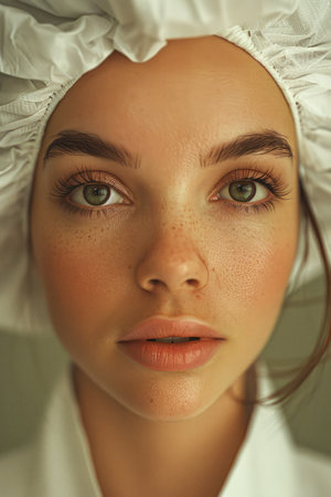 Portrait of a Young Woman with Clear Skin and Striking Eyes Wearing a White Headscarf in Natural Light AI Generativeの素材