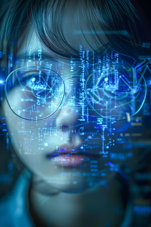 Futuristic Cyber Kid with Digital Interfaces Reflecting on Glasses in a Blue Virtual Reality Environment AI Generativeの素材
