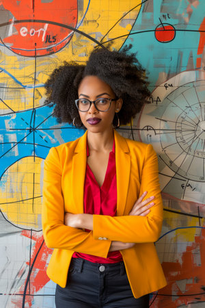 Confident Young Businesswoman in Stylish Yellow Blazer Posing in Front of Colorful Graffiti Wall AI Generativeの素材