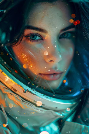 Close Up of Mysterious Woman&#39;s Face with Glitter, Bokeh Lights, and Vivid Colors AI Generativeの素材