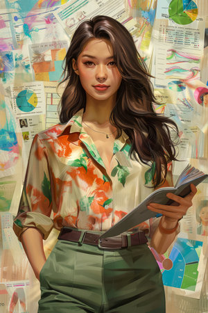 Stylish Young Asian Woman Holding Book Among Floating Paper Sheets with Urban Backdrop AI Generativeの素材