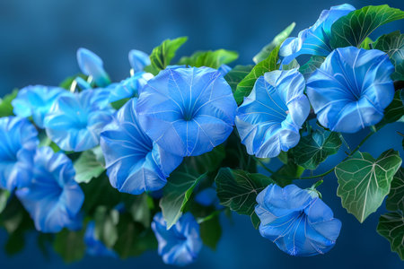 Vibrant Blue Morning Glories with Lush Green Leaves Against a Blurred Blue Background Floral Beauty in Nature AI Generativeの素材