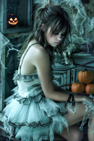 Mysterious Young Woman in Halloween Costume with Pumpkins and Cobwebs in a Spooky Setting AI Generativeの素材