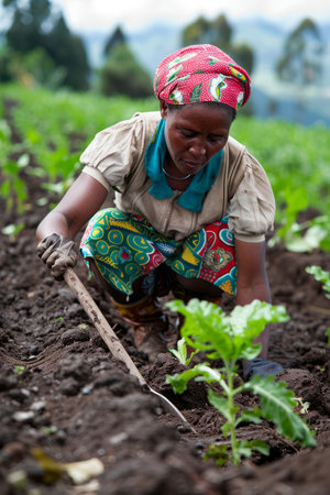 African Woman Farmer Tending to her Crop in a Rural Field with Traditional Clothing AI Generativeの素材
