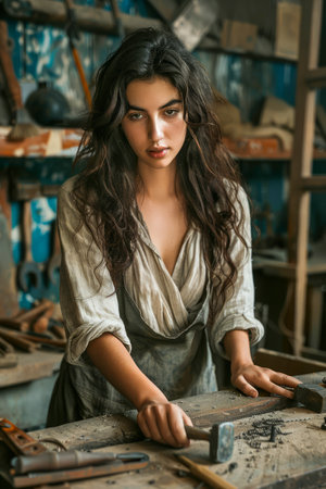 Young Artisan Woman Working Intently in Rustic Woodshop Surrounded by Tools AI Generativeの素材