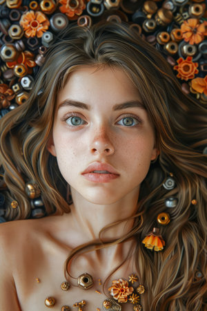 Portrait of a Young Woman with Floral and Beaded Hair Accessories Lying Down Artistic Beauty Concept AI Generativeの素材