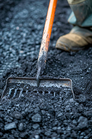 Close up View of Worker Leveling Asphalt with Rake during Road Construction Work AI Generativeの素材