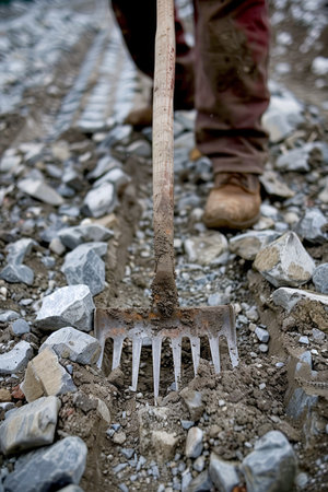 Manual Laborer Working on Construction Site with Shovel and Rubble in Industrial Setting AI Generativeの素材