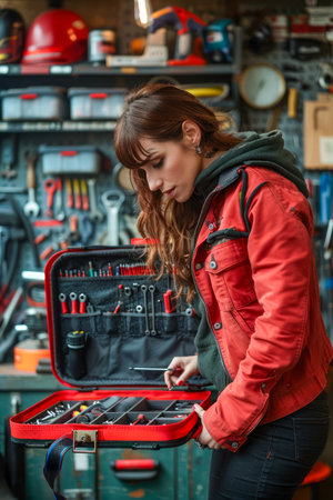Professional Female Mechanic Choosing Tools from a Toolbox in Auto Workshop Environment AI Generativeの素材