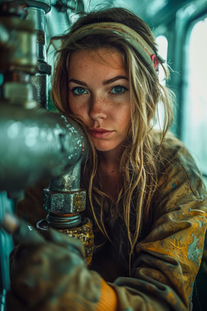 Young Bohemian Woman with Piercing Gaze Holding a Metal Lamp in a Vintage Styled Room AI Generativeの素材