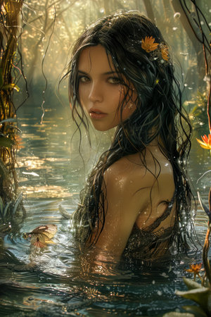 Enchanting Young Woman Immersed in Mystical Forest Pond with Sunbeams and Water Lilies AI Generativeの素材