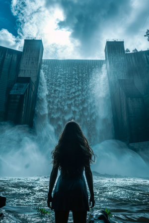 Majestic Waterfall and Silhouette of Woman Against Dramatic Sky A Moment of Solitude in Nature AI Generativeの素材