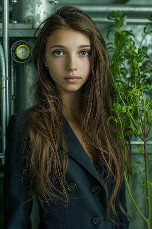 Portrait of a Young Woman with Long Hair Wearing a Dark Blazer in a Greenhouse Environment AI Generativeの素材