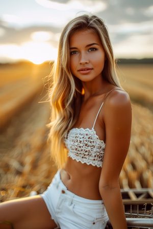 Young Woman in Crochet Top and White Shorts Enjoying Sunset in Golden Wheat Field AI Generativeの素材