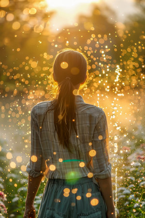 Serene Woman in Nature Enjoying Golden Sunset Light with Bokeh Effect, Peaceful Outdoor Scene AI Generativeの素材