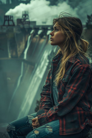 Young Woman Contemplating Nature by Waterfall in Moody Atmosphere, Serene Outdoor Solitude Concept, Pensive Female in Casual Attire AI Generativeの素材