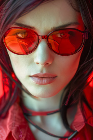 Stylish Young Woman with Red Sunglasses and Futuristic Neon Lighting Portrait AI Generativeの素材