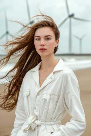 Young Woman in White Trench Coat with Flowing Hair at Wind Farm on Overcast Day AI Generativeの素材