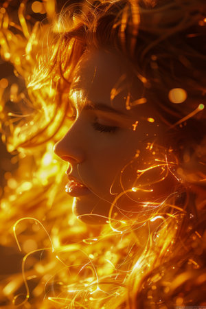 Enchanting Portrait of Woman with Illuminated Golden Curly Hair at Sunset AI Generativeの素材