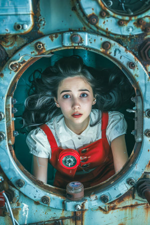 Young Female Explorer in Vintage Submarine Curiously Looking Through the Hatch with a Magnifying Glass AI Generativeの素材