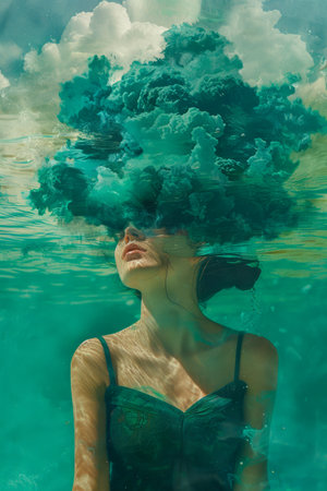 Surreal Underwater Portrait of Woman with Cloud like Hair Emanation Ethereal Aquatic Concept Art AI Generativeの素材