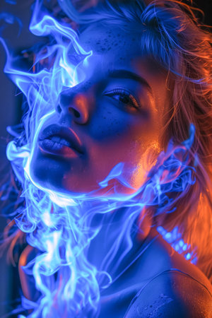 Surreal Portrait of a Woman with Neon Blue and Purple Lights and Ethereal Smoke Effects AI Generativeの素材