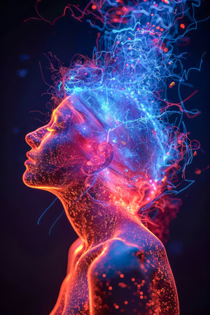 Futuristic Neon Glowing Profile of Woman with Abstract Light Lines Concept Art AI Generativeの素材