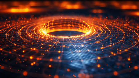 Abstract Futuristic Network Connection with Glowing Dots and Lines on Dark Background, Digital Technology Concept, Cyber Data Visualization AI Generativeの素材