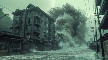 Catastrophic Tsunami Waves Engulfing A Cityscape with Buildings and Power Lines in a Dramatic Apocalyptic Scenario AI Generativeの素材