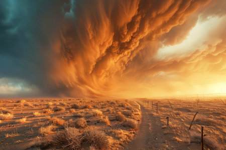 Dramatic Sunset Sky Over Desert Landscape with Intense Cloud Formation and Golden Light Illuminating Sandy Terrain AI Generativeの素材
